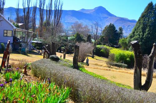 a garden with a house and mountains in the background at Gentle Presence Cottage 2 - Garden Unit in Clarens