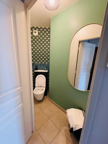 a bathroom with a toilet and a mirror at Heure Normande Charmant T2 au pieds de la gare in Rouen