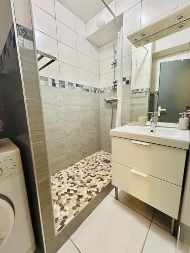 une salle de bain avec douche et lavabo dans l'établissement Studio Thermotel 308, à Saint-Martin-dʼUriage