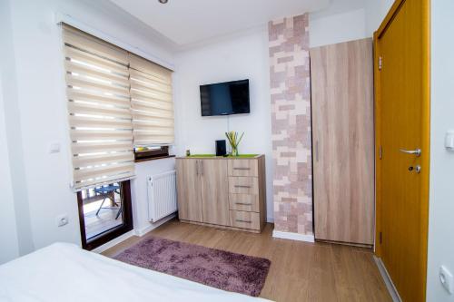 a bedroom with a bed and a tv and a window at Zlatiborski Konaci in Zlatibor