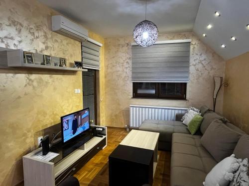a living room with a couch and a flat screen tv at Zlatiborski Konaci in Zlatibor
