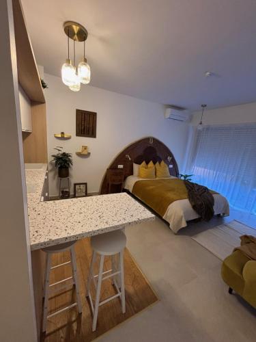 Cet appartement comprend une chambre avec un lit et une cuisine avec un comptoir. dans l'établissement La RESIDENCE, à Roquebrune-Cap-Martin