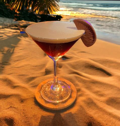 a martini glass sitting on the sand on the beach at Tiki Tribe Bar & Hostel in Koh Tao