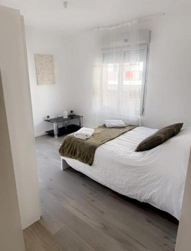 une chambre blanche avec un lit et une fenêtre dans l'établissement Appartement avec balcon a 2 pas la gare, à Villefranche-sur-Saône