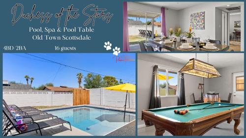 a collage of pictures of a pool table and a pool house at Minnezona in Scottsdale