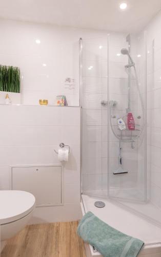 a white bathroom with a shower and a toilet at Ruhig Top mod Studio Appartement,privater Eingang in Oberhaching