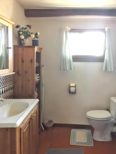 une salle de bain avec un lavabo et des toilettes et une fenêtre dans l'établissement Maison conviviale avec jardin à Saint-Privat, à Saint-Privat