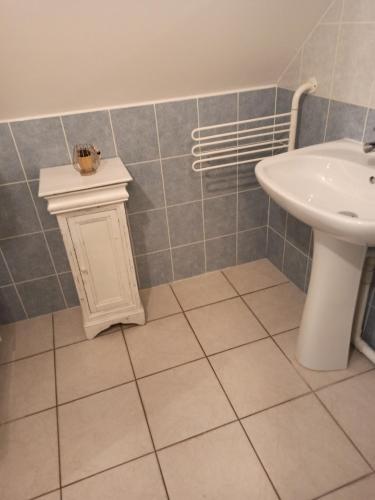 La salle de bains est pourvue d'un lavabo et de toilettes blancs. dans l'établissement Gite La Trotiniere, à Luynes
