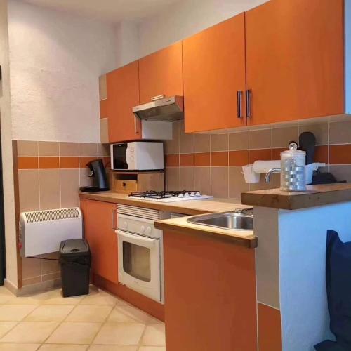 une petite cuisine avec des armoires orange et un évier dans l'établissement Appartement montagne, à Saint-Bonnet-en-Champsaur