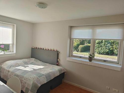 a bedroom with a bed and two windows at Charming ROOM in a Cozy Home in Stege in Stege