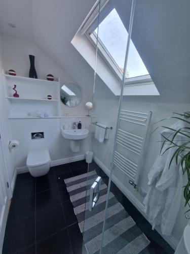 Un baño con inodoro, lavabo y ventana. en Blue Hills Luxury Apartment, Bay Front with Parking, en Falmouth