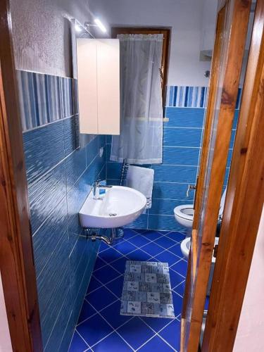 a blue bathroom with a sink and a toilet at Rifugio Tavolara in San Teodoro