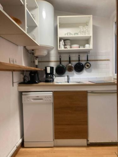 Il comprend une cuisine équipée d'une cuisinière et d'un lave-vaisselle. dans l'établissement IB Saint Martin, à Paris