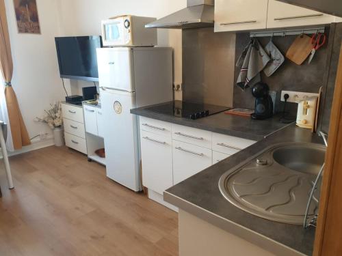 une petite cuisine avec un évier et un réfrigérateur dans l'établissement mi casa es tu casa, à Dieppe