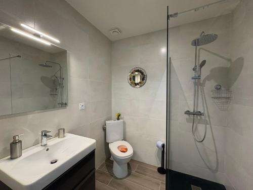 a bathroom with a shower and a toilet and a sink at nuitzen in Boyer