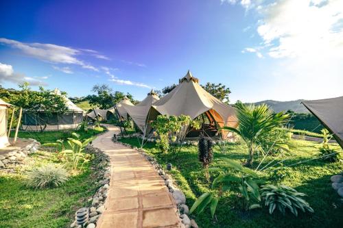 a row of tents in a field with a path at Eco Luxe Glamping Nest #12 - King Bed at Holos in Barú