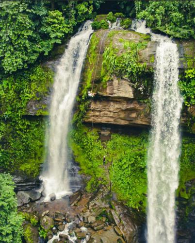 a waterfall on the side of a moss covered cliff at Eco Luxe Glamping Nest #8 - 2 Queen Beds at Holos in Barú