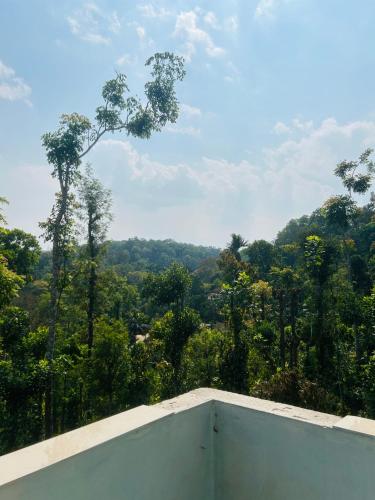 a room with a view of a forest at Coorg Sana Riverside in Suntikoppa