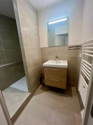 une salle de bain avec un lavabo et une douche dans l'établissement Un spacieux t2 en plein centre cours belsuns, à Marseille