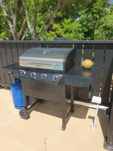 a grill sitting on a bench next to a picnic table at Tim Pappies Nature Lodge - Alex's Place in Port Antonio