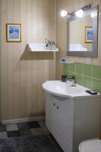 une salle de bain avec un lavabo et un miroir dans l'établissement Chambre avec terrasse Chez Anne, à Rennes