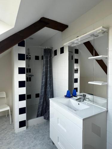a bathroom with a white sink and a shower at Maison Le Landais in Grandcamp-Maisy