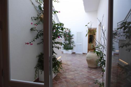 a hallway with a bunch of potted plants on the wall at Aegusa Hotel in Favignana
