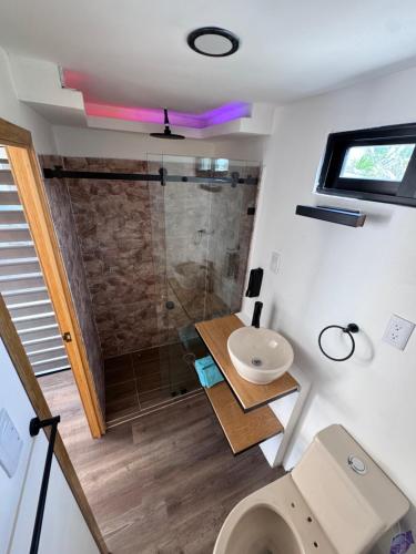 a bathroom with a shower and a toilet and a sink at Hotel Playa Los Angeles Bungalow Aloha in Ciudad del Carmen