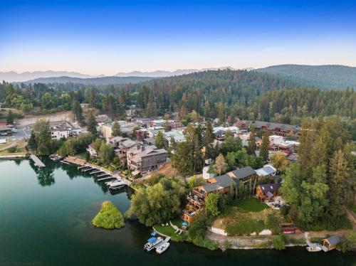 an aerial view of a resort on a lake at THE INN Bigfork Bay in Bigfork