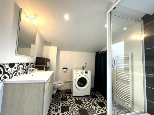 une salle de bain avec une machine à laver et un lave-linge dans l'établissement Spacieux & charmant T3, 2 chambres en hyper centre, à Vienne