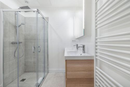 une salle de bain avec douche et lavabo dans l'établissement Mousquetaire, à Paris