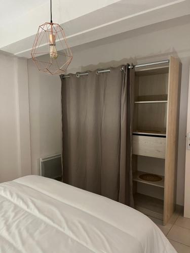 une chambre avec un lit et un rideau de douche dans l'établissement Grand T2 cozy, à Trets