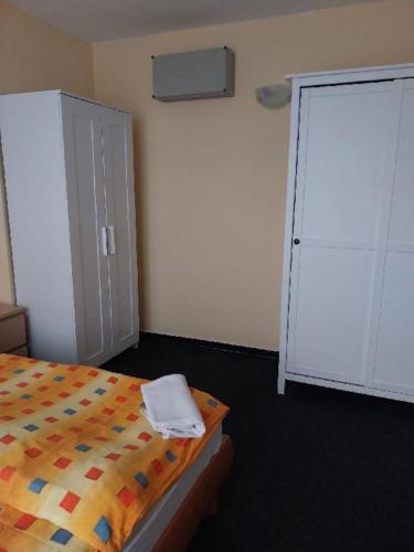 a bedroom with a bed and a door to a closet at Wellness apartmán Frymburk D403 Čtvrté patro in Frymburk