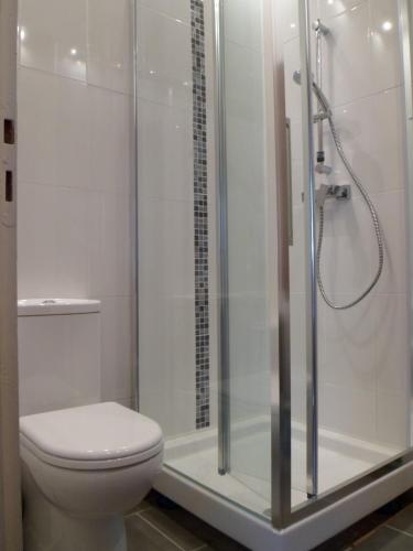 une salle de bain blanche avec douche et toilettes dans l'établissement Chalet des Trois Ours, à Cauterets