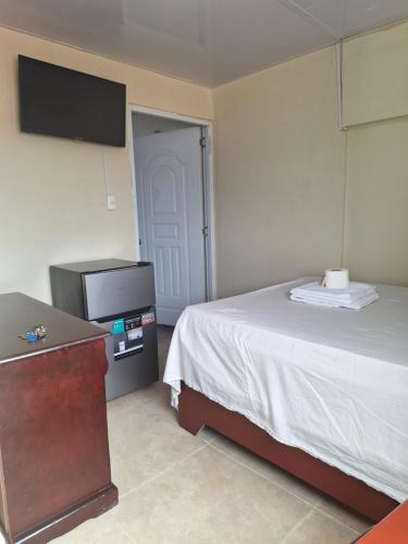 a hotel room with a bed and a flat screen tv at Apartamentos En Edificio Amapola Zona Colonial Malecón in Santo Domingo