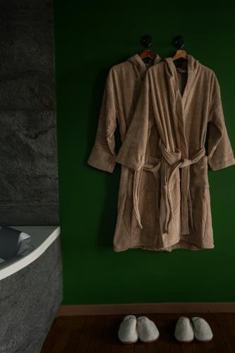 a coat hanging on a green wall next to shoes at Suite Amazonie de luxe avec balnéo in Le Havre