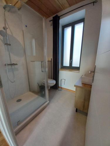 une salle de bain avec une douche, des toilettes et un lavabo dans l'établissement La Parenthèse Romane, à Saint-Nectaire