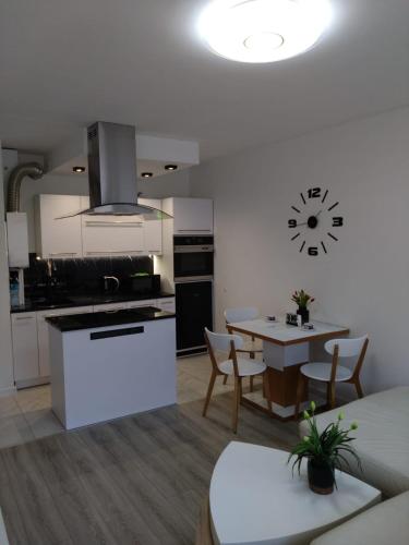 a kitchen and a living room with a table and a kitchen at MG Apartament Elfów in Tychy
