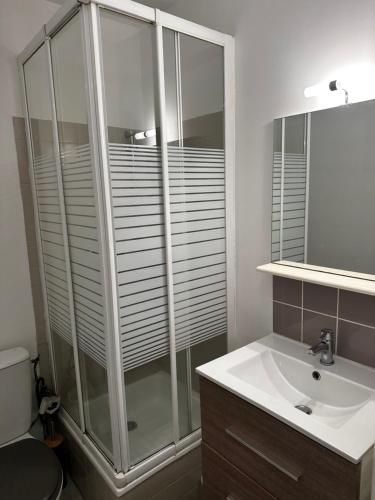 une salle de bain avec une douche en verre et un lavabo dans l'établissement Au bord de mer studio au calme à la ciotat, à La Ciotat