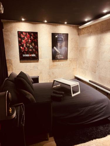 un salon avec un canapé et une table dans l'établissement Cinema room 3 min de Beaune, à Vignoles