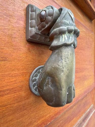 une porte percée d'un chien sur une porte en bois dans l'établissement Casa Nunziada in Patrimonio Garden level, Quiet and Bright, à Patrimonio