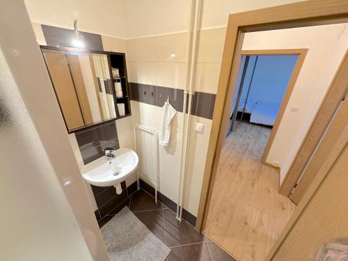 a bathroom with a sink and a mirror at Krásny byt - apartmán v blízkosti centra in Nivy