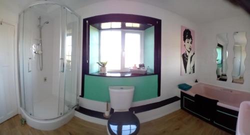 a bathroom with a shower and a toilet and a tub at Hill House in Banbury