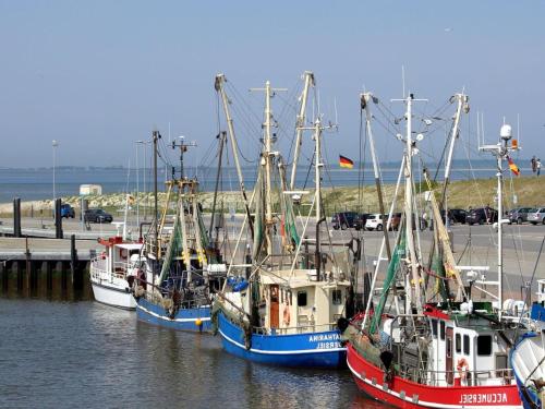 three boats docked in the water near a pier at Ferienhaus Wattperlchen in Dornum in Dornum