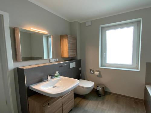 a bathroom with a sink and a toilet at Exclusives Appartement auf Fehmarn in Petersdorf auf Fehmarn