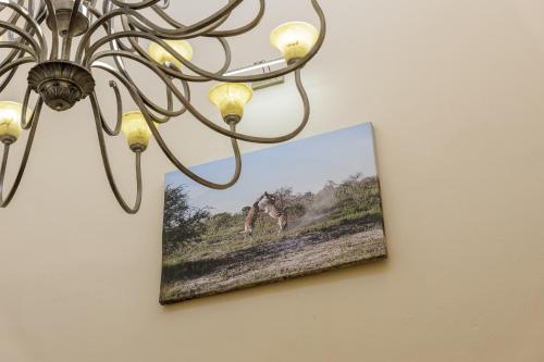 a picture hanging on a wall with a chandelier at Moyres Guest House in Witbank