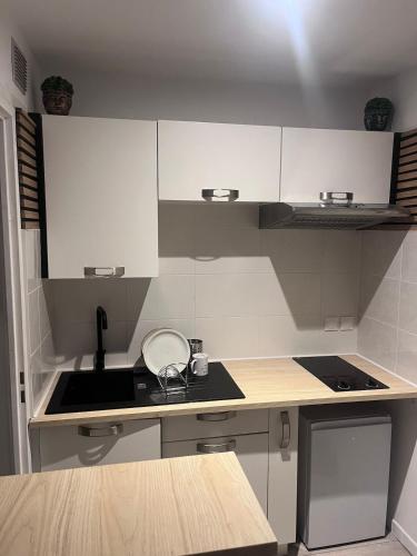 une petite cuisine avec des armoires blanches et un évier dans l'établissement Atypical jacuzzi accommodation in Bordeaux!, à Bordeaux