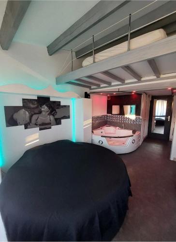 une chambre avec un grand lit dans une pièce dans l'établissement Appartement port soleil, au Cap d'Agde
