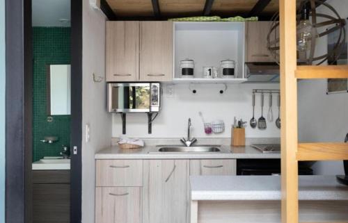 a kitchen with wooden cabinets and a sink at Fernández Leal 55 in Mexico City