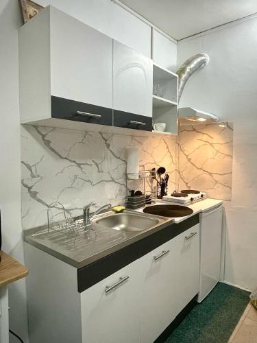 een keuken met een spoelbak en een aanrechtblad bij The Box in Iaşi